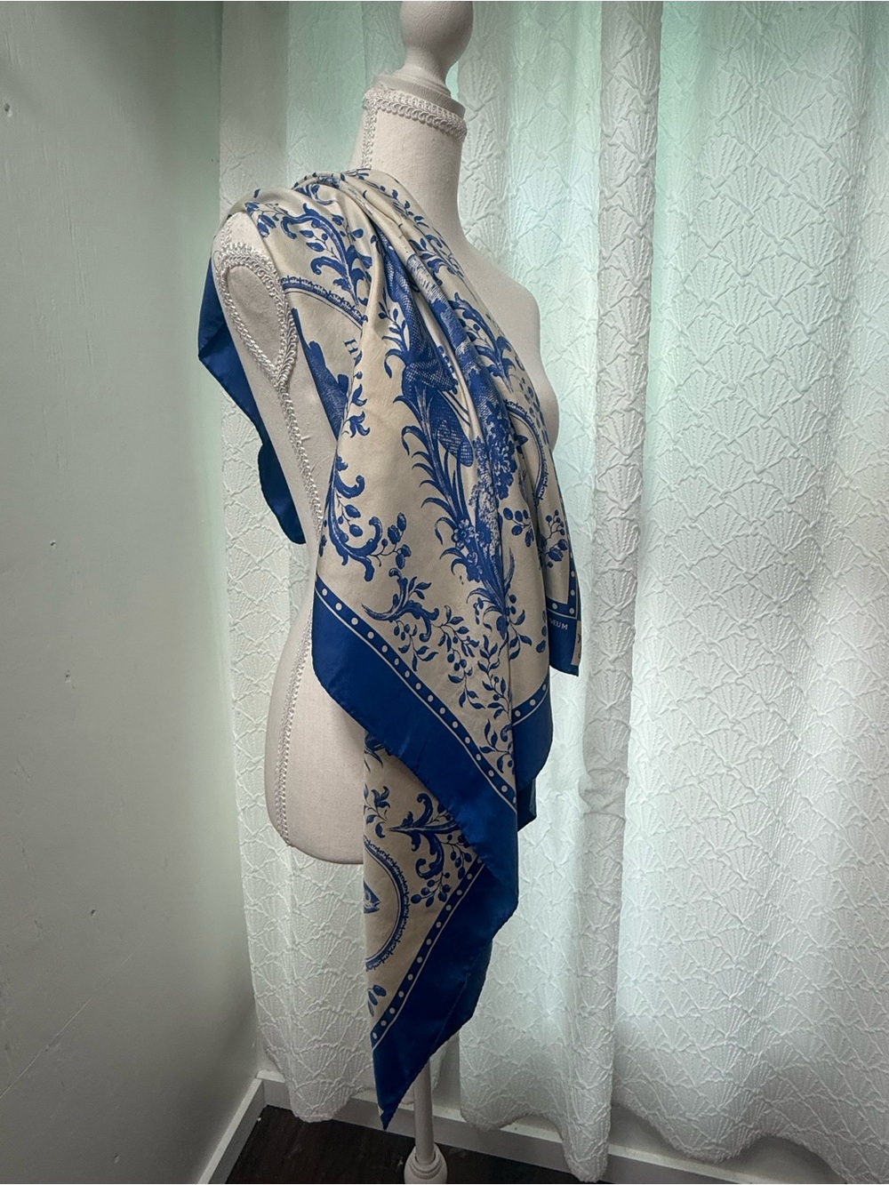 Blue and Cream Floral Silk-Feel Scarf Wrap